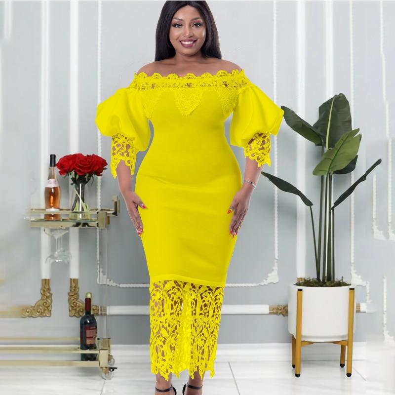 New One-word Shoulder Off-the-shoulder Hip-wrapped Lace Splicing Lantern Sleeve Dress Dress Dress
