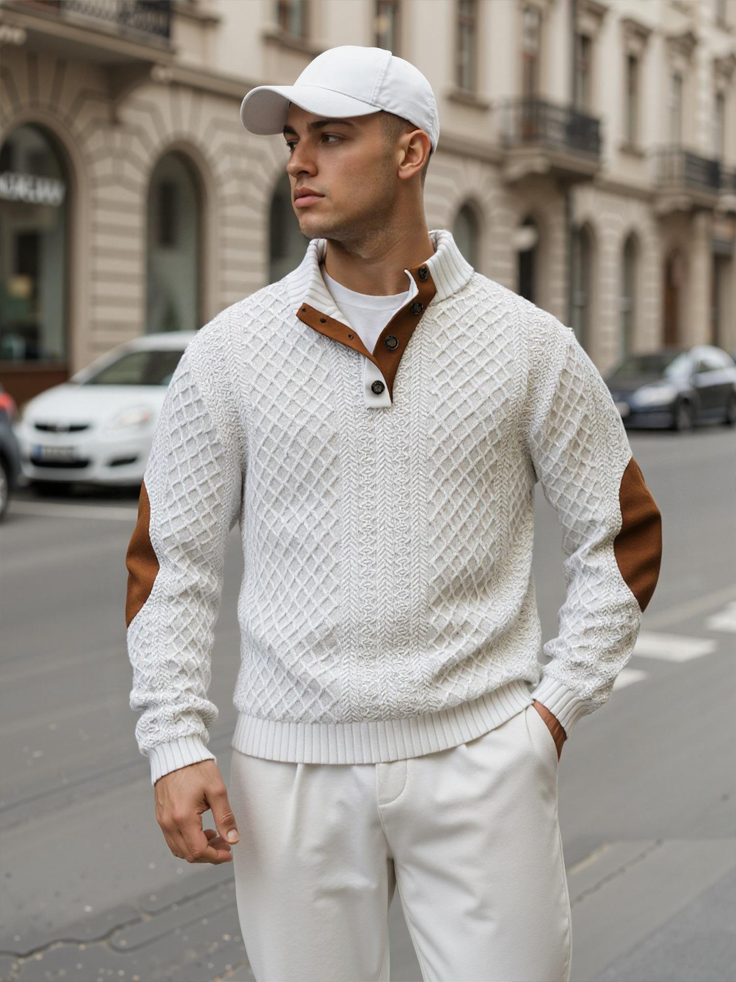 

Men s Jacquard Knit Henley Shirt: Perfect for Spring & Autumn, Sports & Business, Long Sleeve XL білий