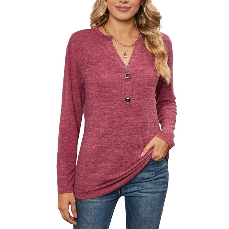 Women Autumn Casual V-Neck Buttoned Long Sleeve Shirt Top Inner Wear Outwear M