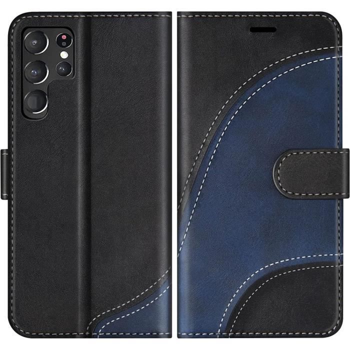 Hülle - E.F.CONNECTION - für Samsung Galaxy S24 Ultra - Lederoptik - Zweifarbig Marineblau-Schwarz - Stoßfest