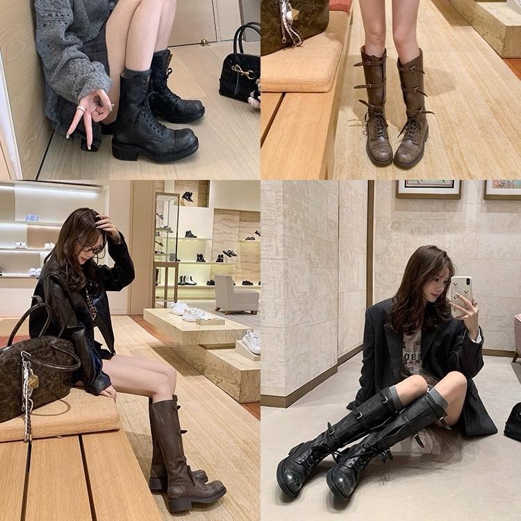 Cowhide Version Miu Home Thick-soled Heightening Boots Long Boots Women's Autumn and Winter High Knight Boots Wide Cowboy Boots