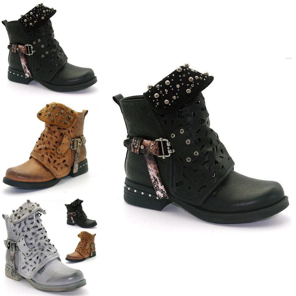 Womens Studded Goth Ankle Boots Timeless Chelsea Hollow Punk Buckle Martin Shoes