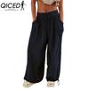 QICED 8 Color Women High Elastic Waist Trousers Wide Leg Loose Pants Deep Vest Pleated Ankle Pockets Solid Color Soft Ladies Casual Pants