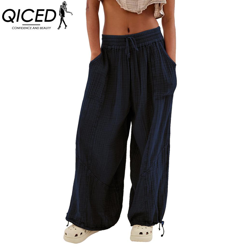 QICED 8 Color Women High Elastic Waist Trousers Wide Leg Loose Pants Deep Vest Pleated Ankle Pockets Solid Color Soft Ladies Casual Pants