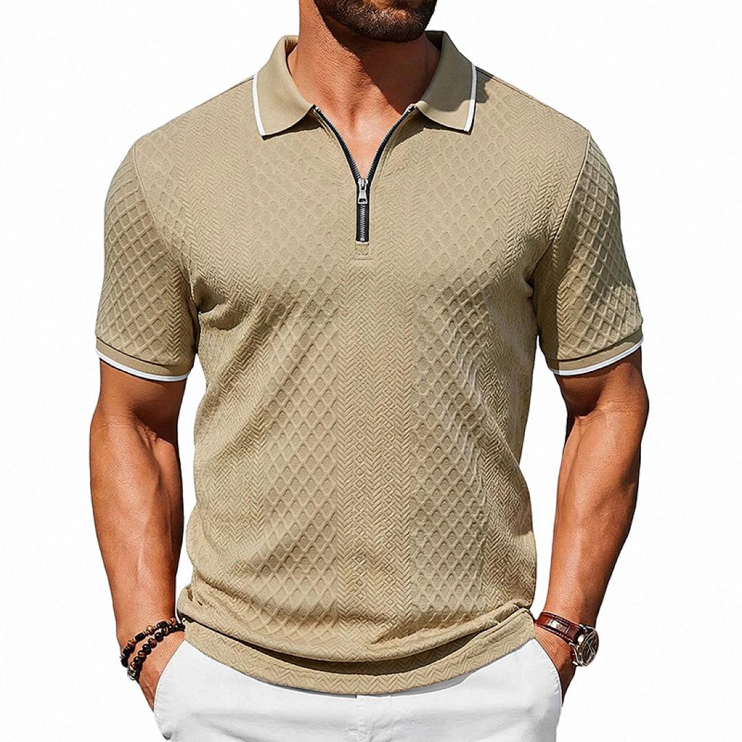 New Arrival: Men s Summer Minimalist Retro Loose-Fit Textured Zip-Up Short-Sleeve Polo Shirt S хаки