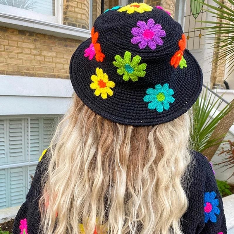 Handmade Crochet Bucket Hat Cute Ladies Outdoor Sports Fisherman Cap for Women Teenagers Casual Spring Summer Sunscreen