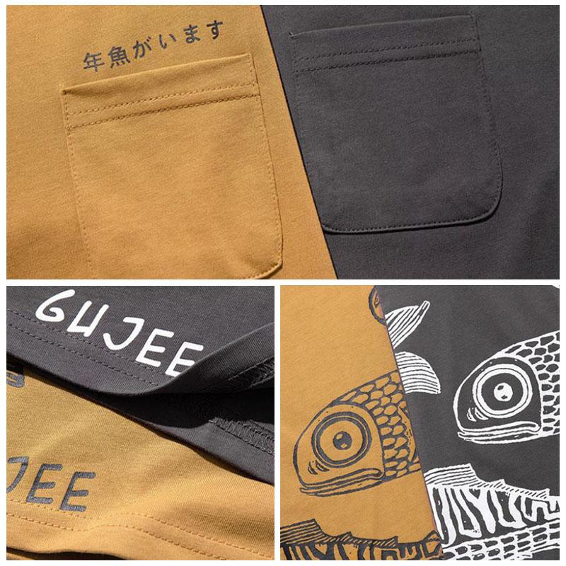 Japanese Cotton T-shirts Mackerel Print Patchwork Tees Summer Oversized O-neck Short Sleeve Casual Shirts Men Clothing