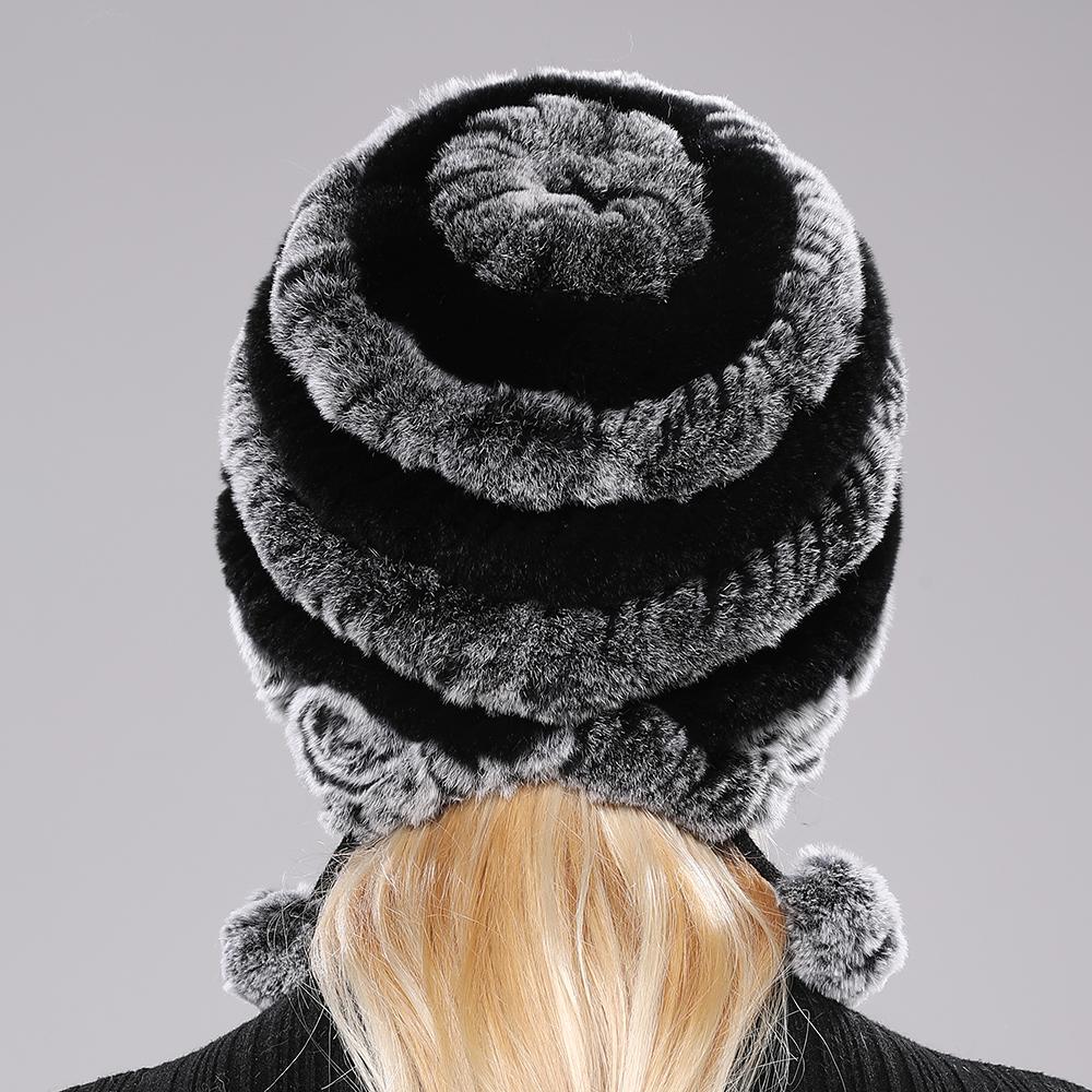 Winter Hats for Girls Women's Fur Hat Real Rex Rabbit Cap Floral Knitted Hat with Balls Skulls Beanies 55-59cm