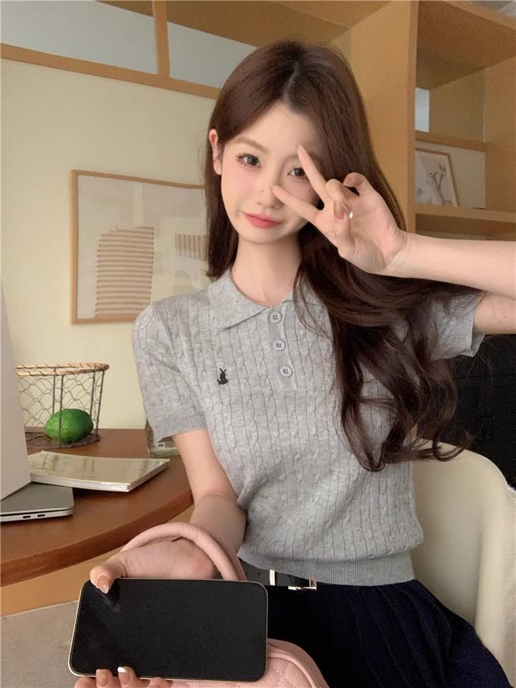 2025 Sommer Koreanischer Stil Polokragen Eisseide Gestrickte Kurzarm Damenbluse