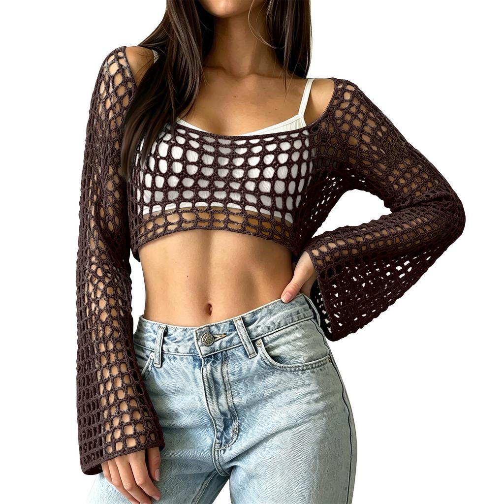 Women's Sunscreen Hollow Long Sleeve Backless Bikini Beach Dress Knit Sweater Cover-Up