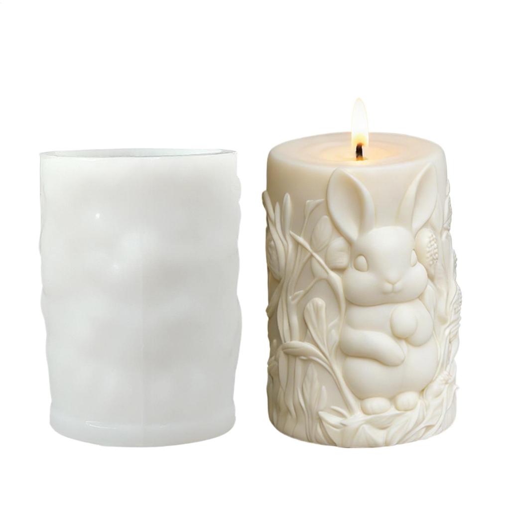 Easter 3D Rabbit Column Candle Mold Spring Easter Bunny Relief Silicone Crafting Mould Cylinder Making Candles Gypsum Crafts