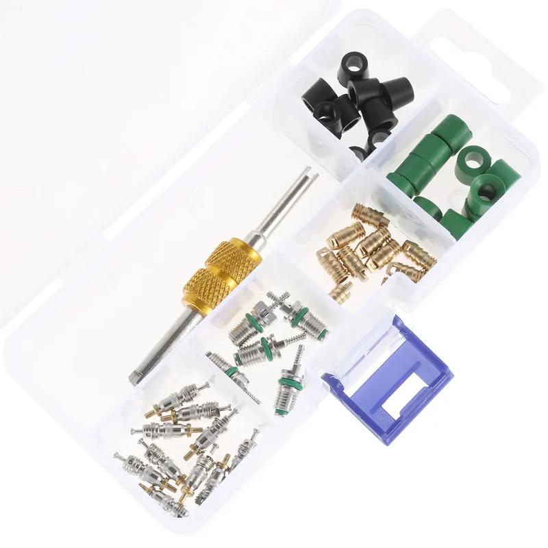 46PCS of Bag Air Conditioning Valve Core Kit,R134a R22 R410 A/C Refrigeration Valve Core Remover taller Tool Hose Gaskets Set