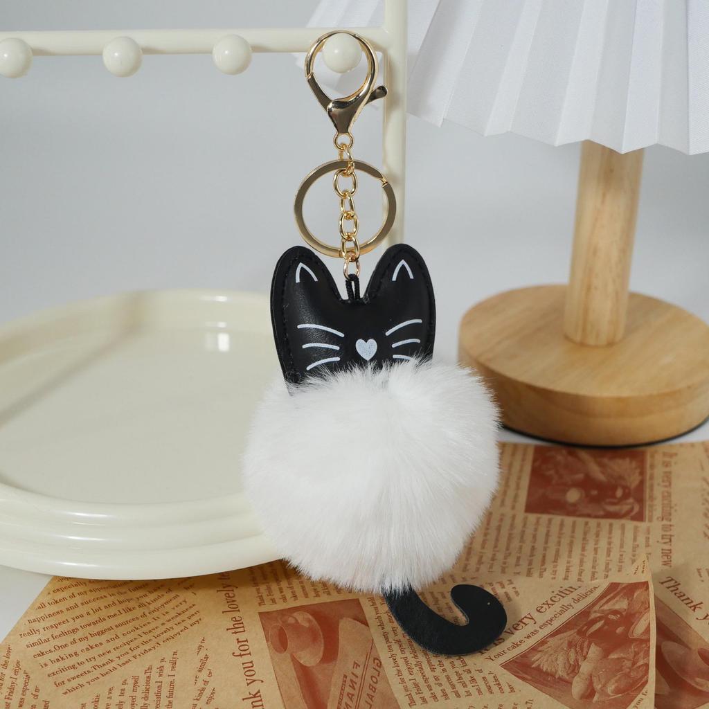 Adorable Black Cat Keychain with Faux Fur Ball Pendant
