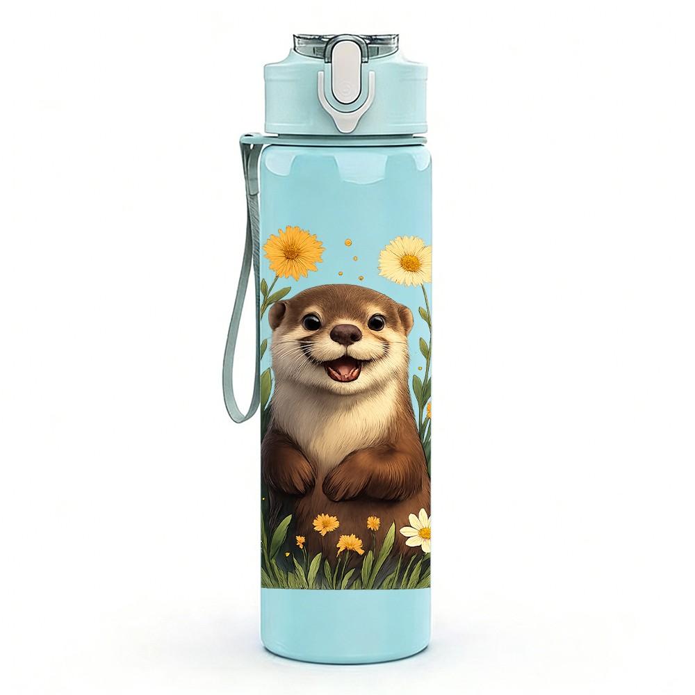 1PC Sunflower Otter Cartoon 750ml Color Plastic Sports Water Bottle Leakproof Flip Straw Lid Suitable for Sports Office Home Use