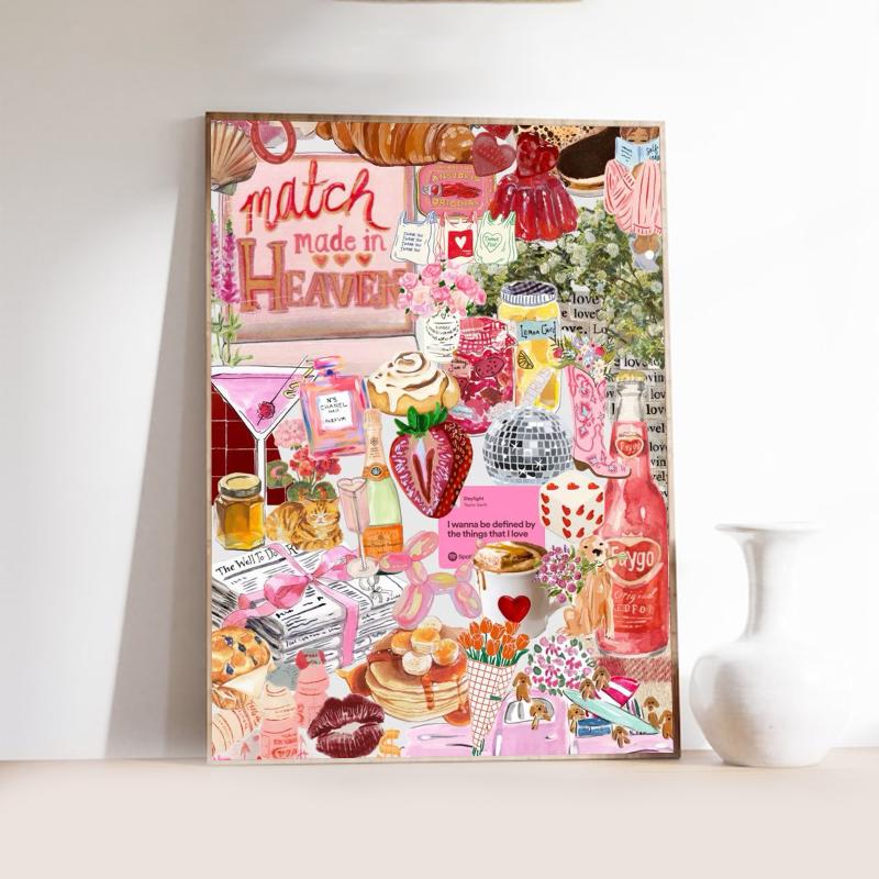 Pink Love Heart and Playing Cards Preparatory Student Canvas Print Poster Bauhaus Wall Art Poster Coffee House Bar Home Decor