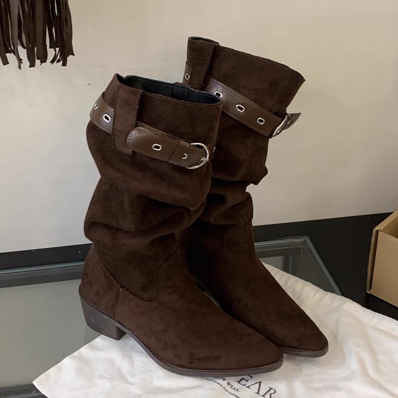 

Модные женские ботинки с острым носком, зимние замшевые дизайнерские туфли, модные платья, ботинки на каблуке 2025, готические ботфорты челси до колена, женские ботинки 39 коричневый