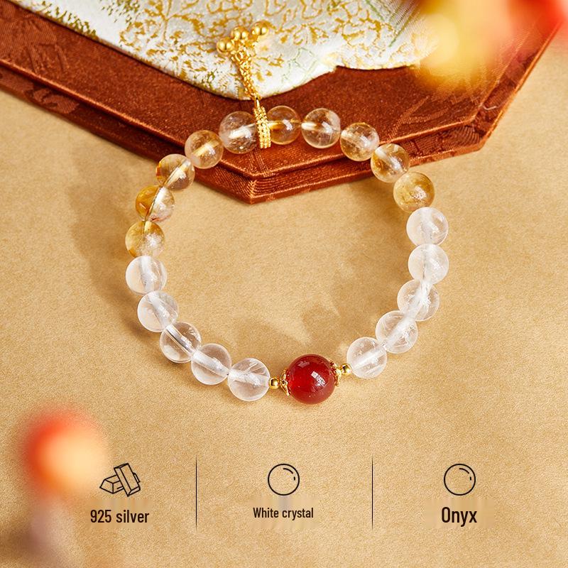 S925 Sterling Silver White Crystal, Red Agate & Yellow Phantom Quartz Women's Bracelet - Attract Love & Elegance