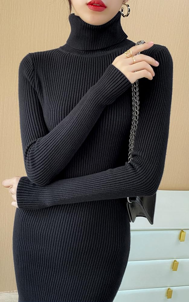 Hanmall Knit Gal Long Above the Solid High LON160 Women's Dress, Mini, Tight, Turtleneck, Sexy, Dress, Sleeves, Knee, Color, Waist, Autumn/Winter,