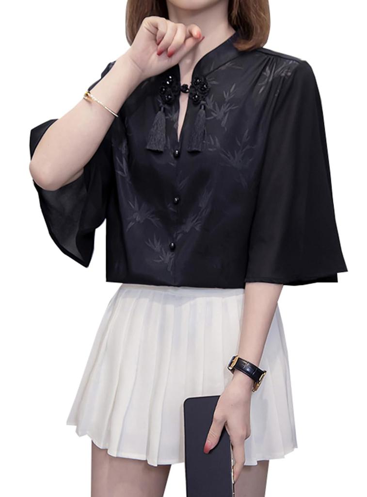 Chiffon Blouse for Bamboo Chinese Loose Large Korean Work Flared Casual [JIYUTOR] Women, Top, Chinese-style Shirt, Pattern, Buttons, Lined,