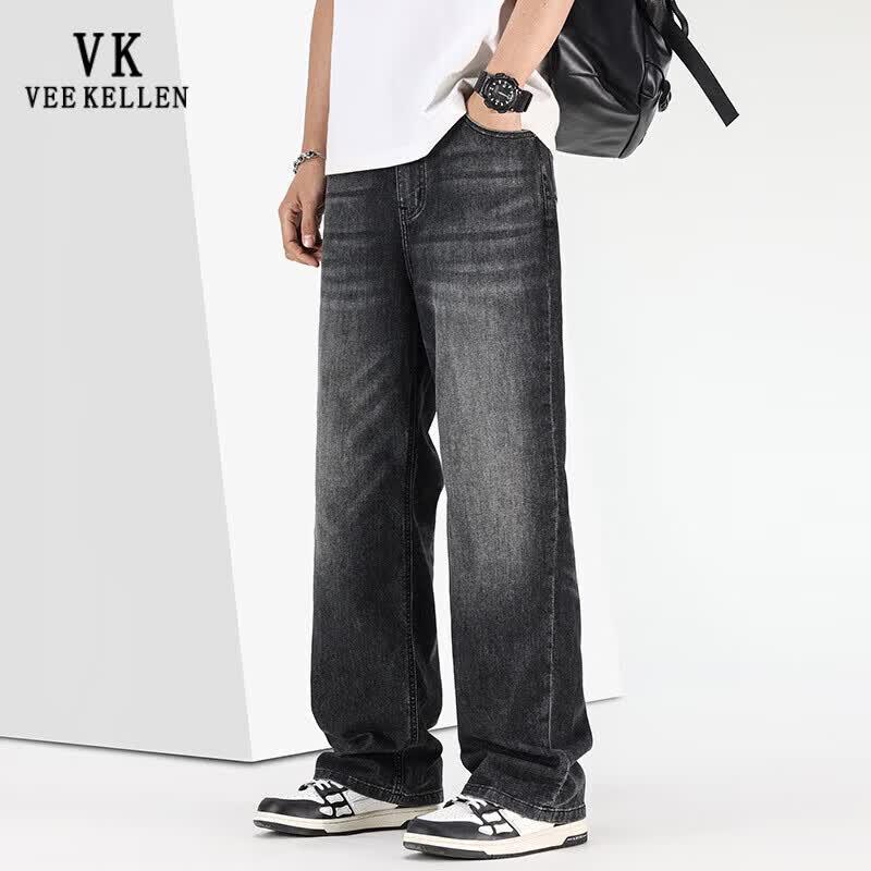 VEE KELLEN Men's Lightweight Summer Loose Straight-Leg Retro Denim Jeans
