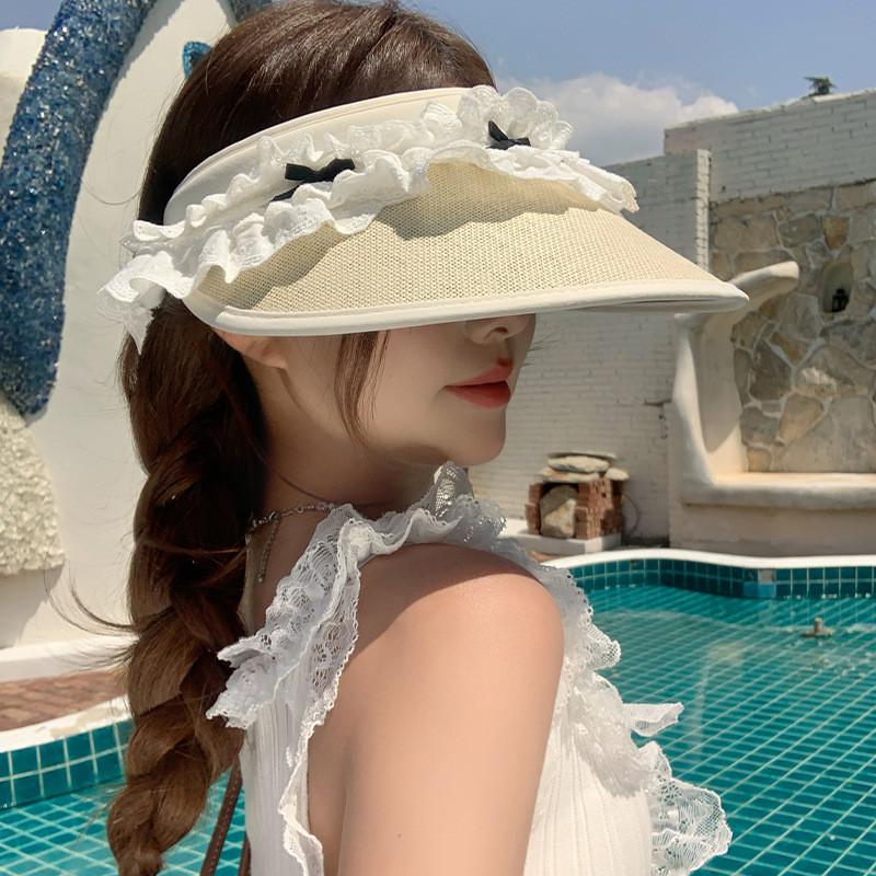 Elegant Lace Bow Wide Brim Sun Protection Hat For Women Adjustable Summer Accessory