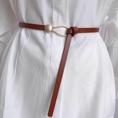 Waist-tie Dress With Decorative Knot And Cinched Waist, Featuring A Slim Leather Belt