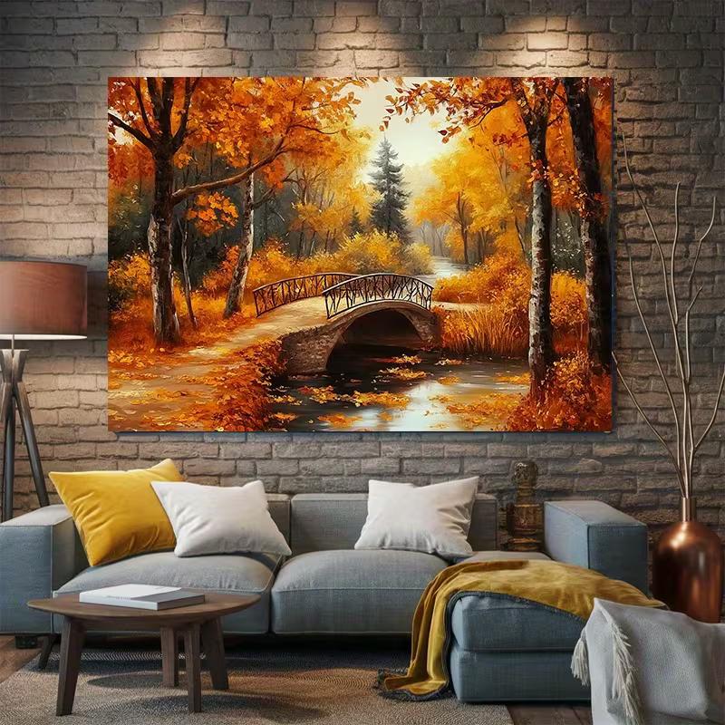 2D Flat Printing Autumn Forest Backdrop, Fall Bridge Photography Background
