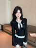 Korean Style Black Polka Dot Patchwork Long Sleeve Women's Velvet T-shirt, Autumn Slim Fit Fake Two-Piece Top