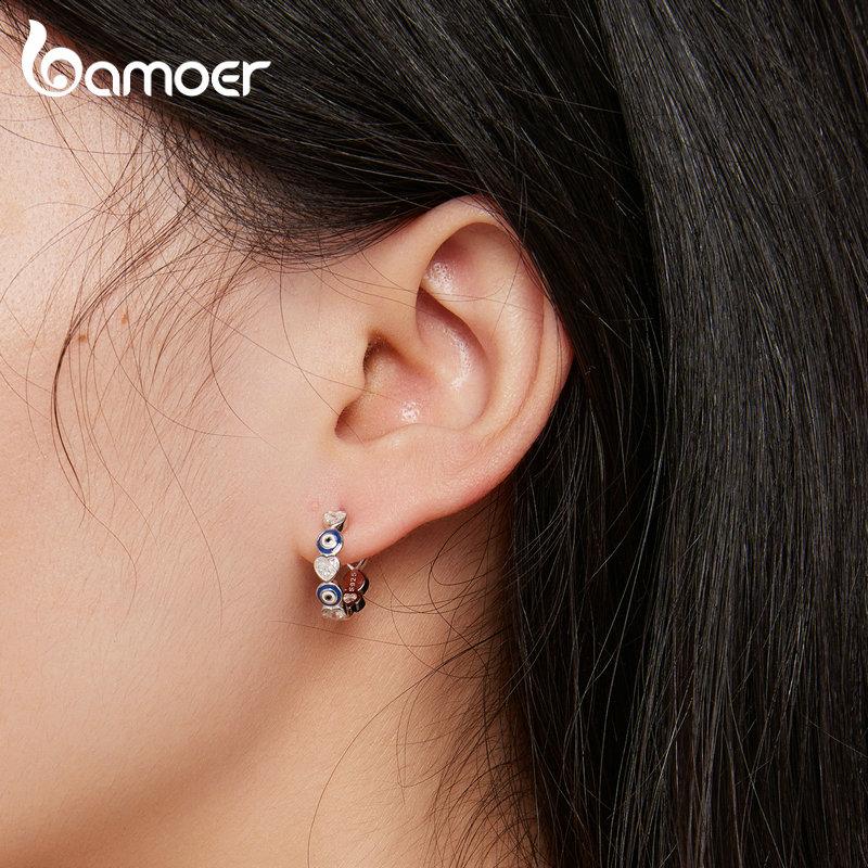 BAMOER 925 Sterling Silver Blue Evil Eye Ear Buckles Heart-shaped Zircon Hoop Earrings for Women Gift Fine Jewelry