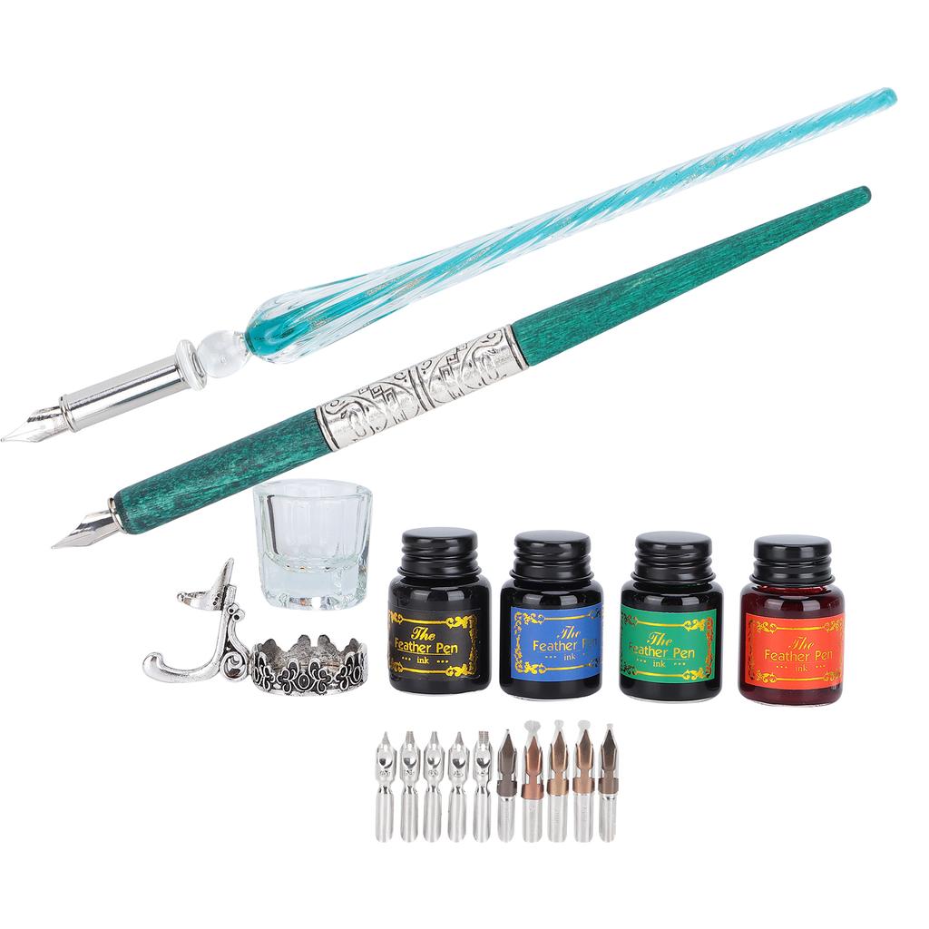 Dip Pen Kit 24x13.5x4.3cm Flat Round Nibs with Ink Holder for Writing Drawing Calligraphy(SP249035 Blackish Green ( Rod