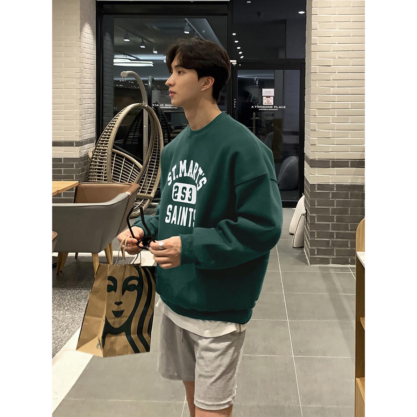 Men s Dark Green Crewneck Letter Print Sweatshirt - Autumn Casual Loose Pullover L