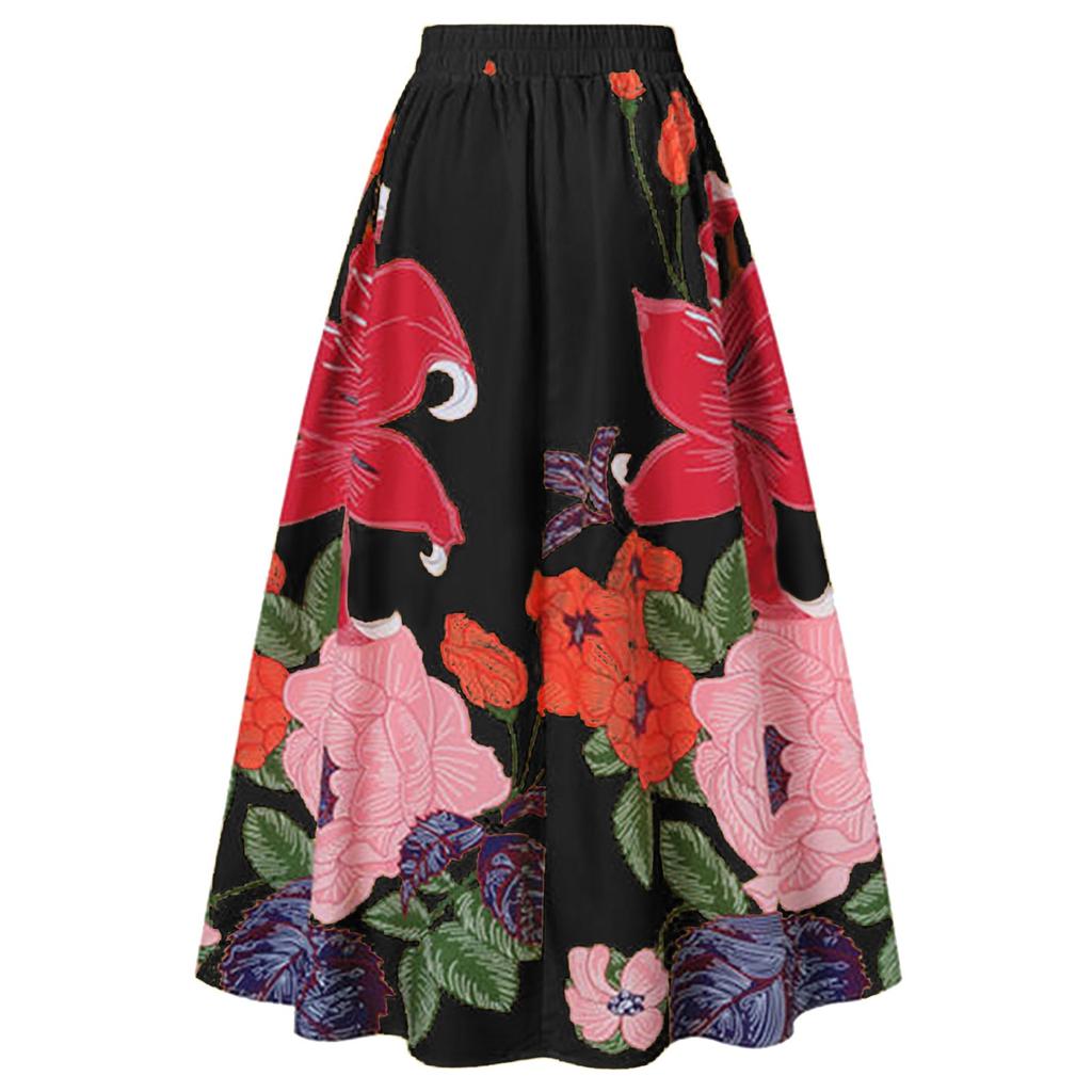 Women's Fashion Floral Print Loose Half Skirt High Waist Beach Extra Long Dress