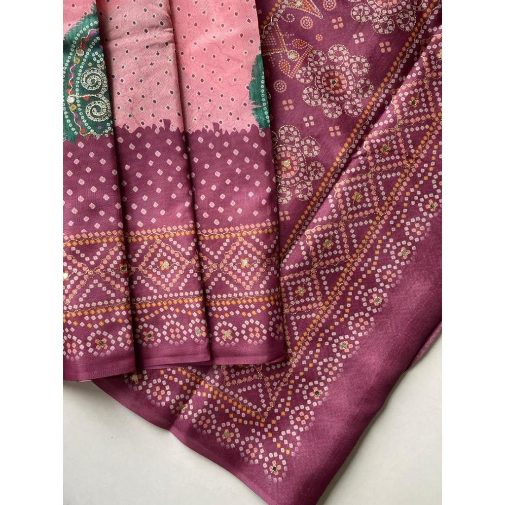 Tissue silk weaving sarees with multi-layared bandhani prints all over the saree, Blouse (Need To Be Stitched As Per Size And Fit)