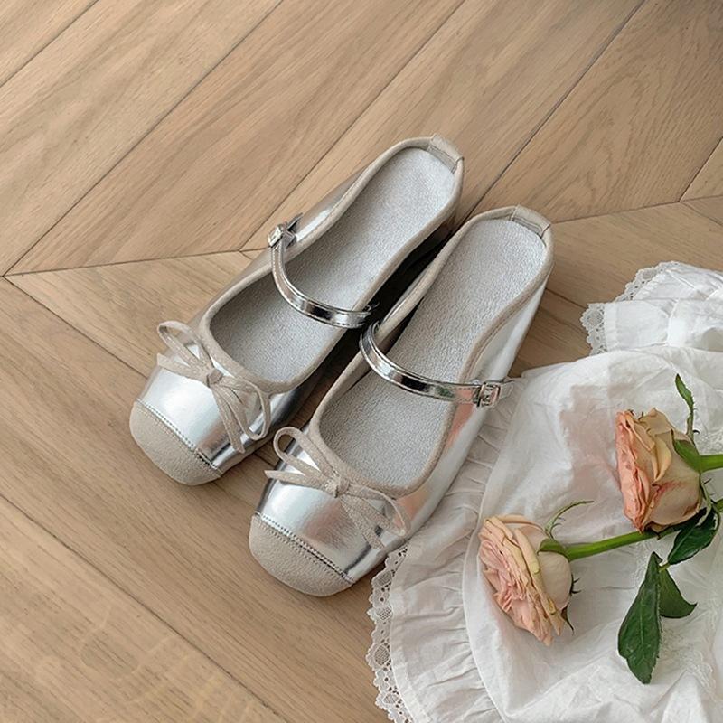 Square Head Half Drag Mary Jane Shoes French Inner Height Increase Bow Word Shallow Mouth Ballet Single Shoes Women's New Sheepskin 32