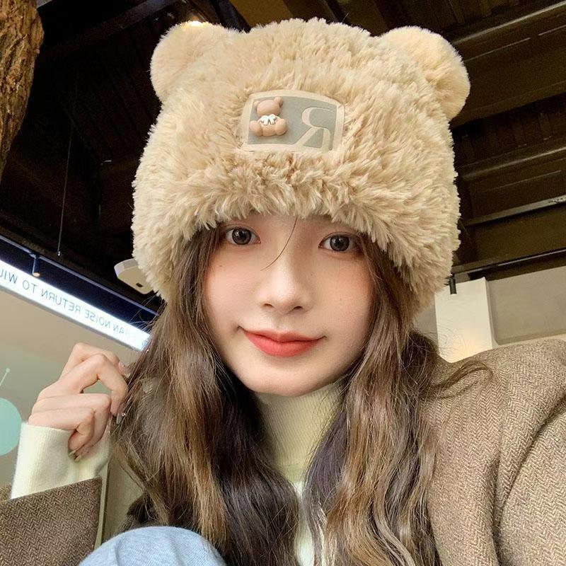 Big Head Circumference Soft And Cute Little Bear Ear Plush Hat For Women In Autumn And Winter Keeping Warm And Showing Off Face Small Loose