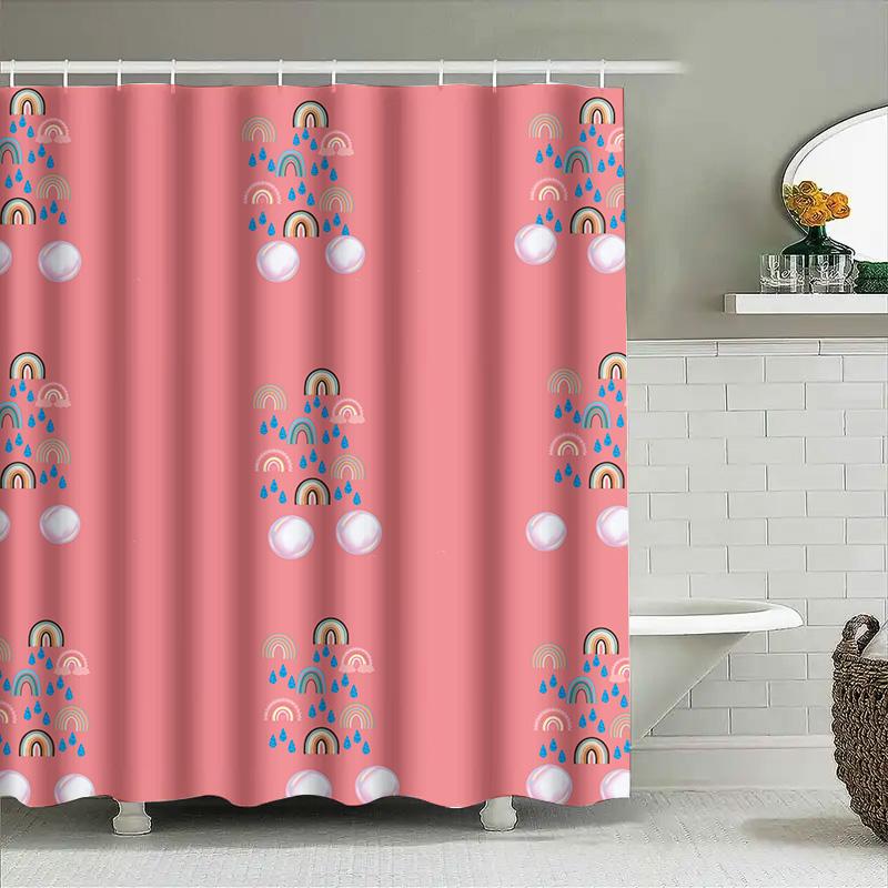 Pink Shower Curtain With Rainbow Design Bathroom Decor For Kids Adults, Waterproof Fabric, Adjustable Hook