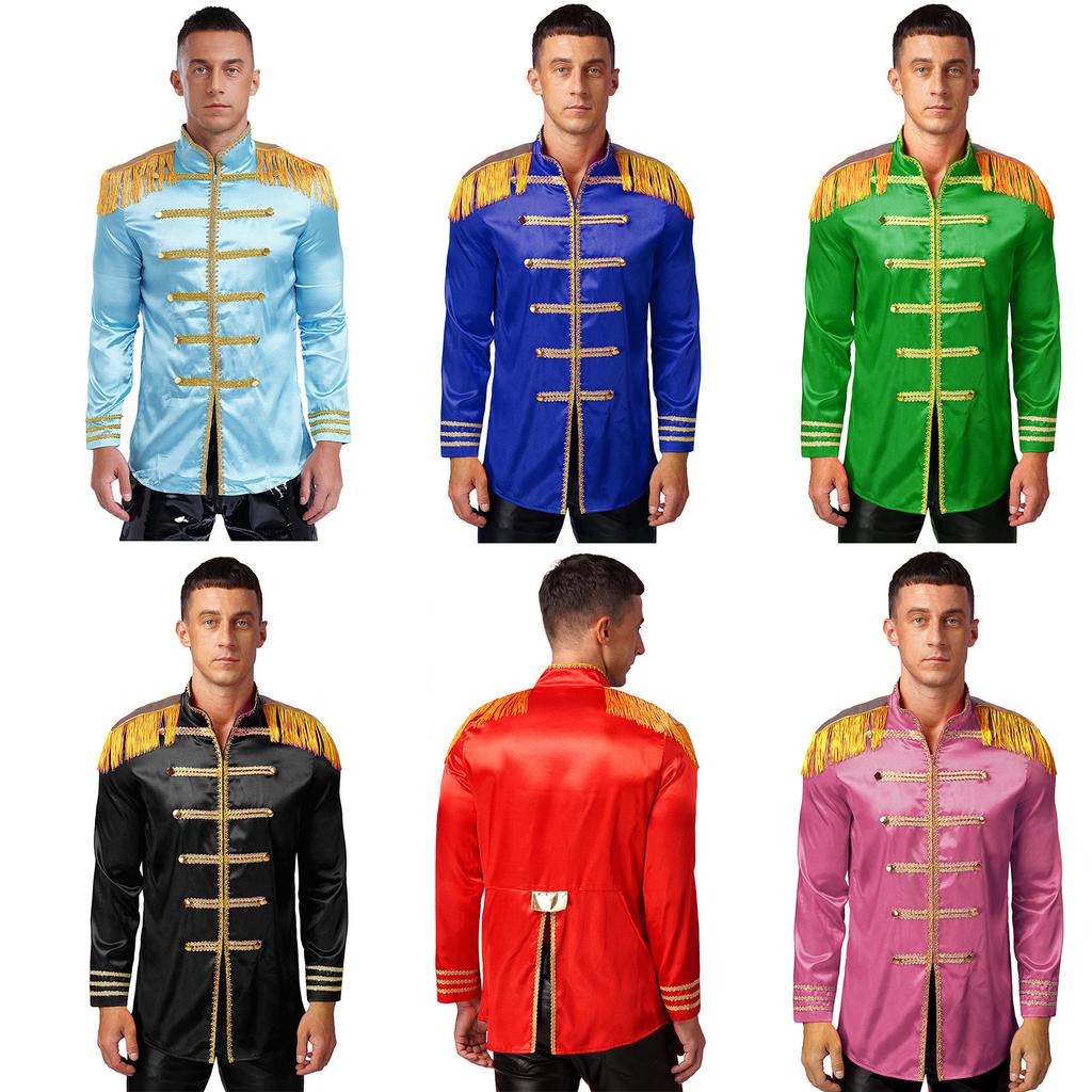 Men's Halloween SGT Sergeant Pepper Costume Jacket Marching Band Rock Man 60s Satin Cardigan Coat