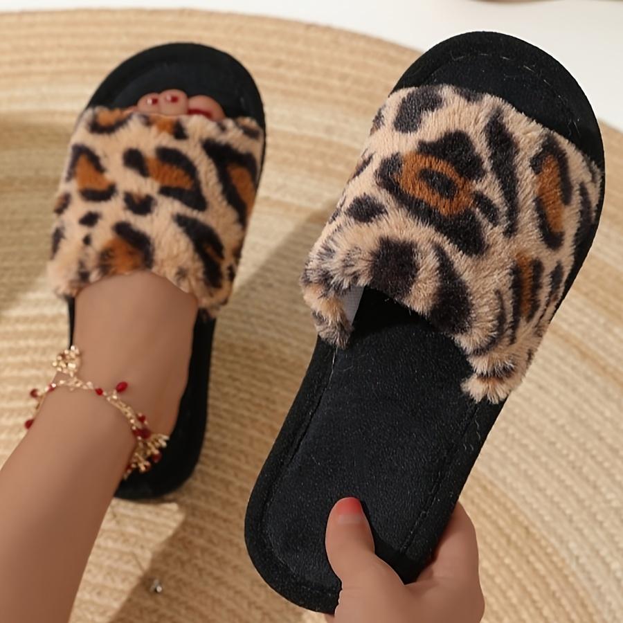 Order A Size Up Women's Luxurious Leopard Print Fuzzy Slippers, Plush Warm Open-Toe Soft Sole Home Floor Slippers