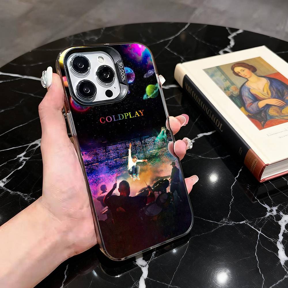 Colorful Band C-Coldplay CC Phone Case For iPhone 17,16,15,14,13,12,11 Plus,Pro Max,XS,Colored Silver Plated Inside Cover