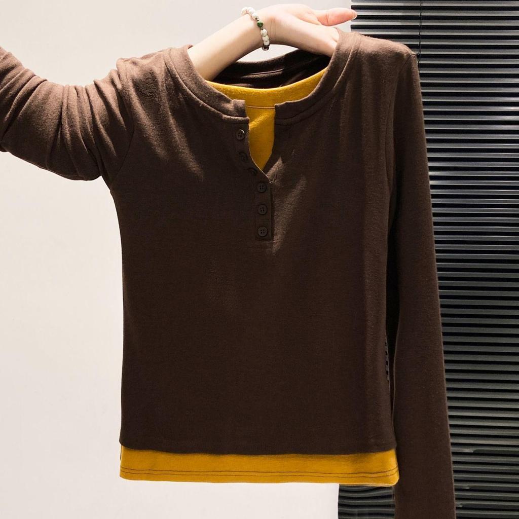 Großgröße Farbblock Langarm German Velvet Zweiteiler T-Shirt für Damen - Herbst Schlanke Passform und Warme Innenschicht.