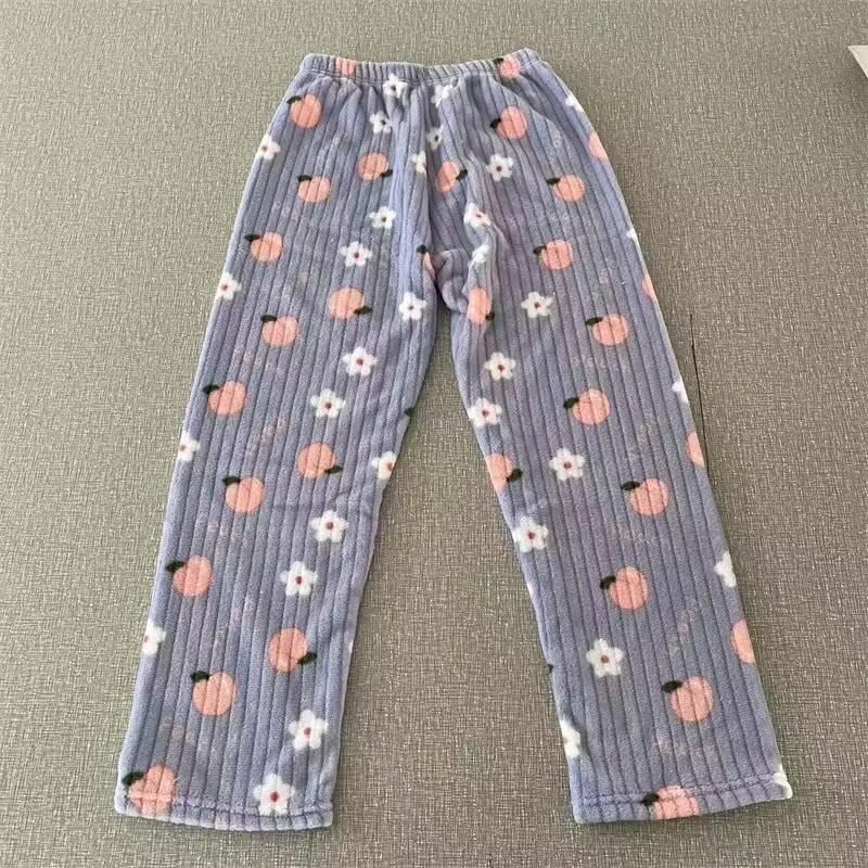 Women's 2025 Peach & Bear Print Coral Fleece Pajama Pants - Warm, Thickened, Casual Homewear for Autumn/Winter