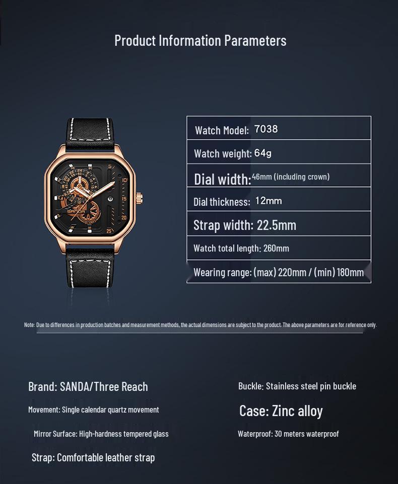 Sanda Men's Alloy Square Watch with Calendar, 30m Waterproof, Leather Strap, Luminous Quartz.