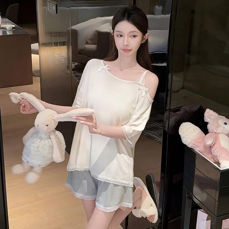 Oh Mi Da Modal Cotton Solid Color High-end Pajamas Women's Summer Short-sleeved Shorts Pure Lace Loungewear Set