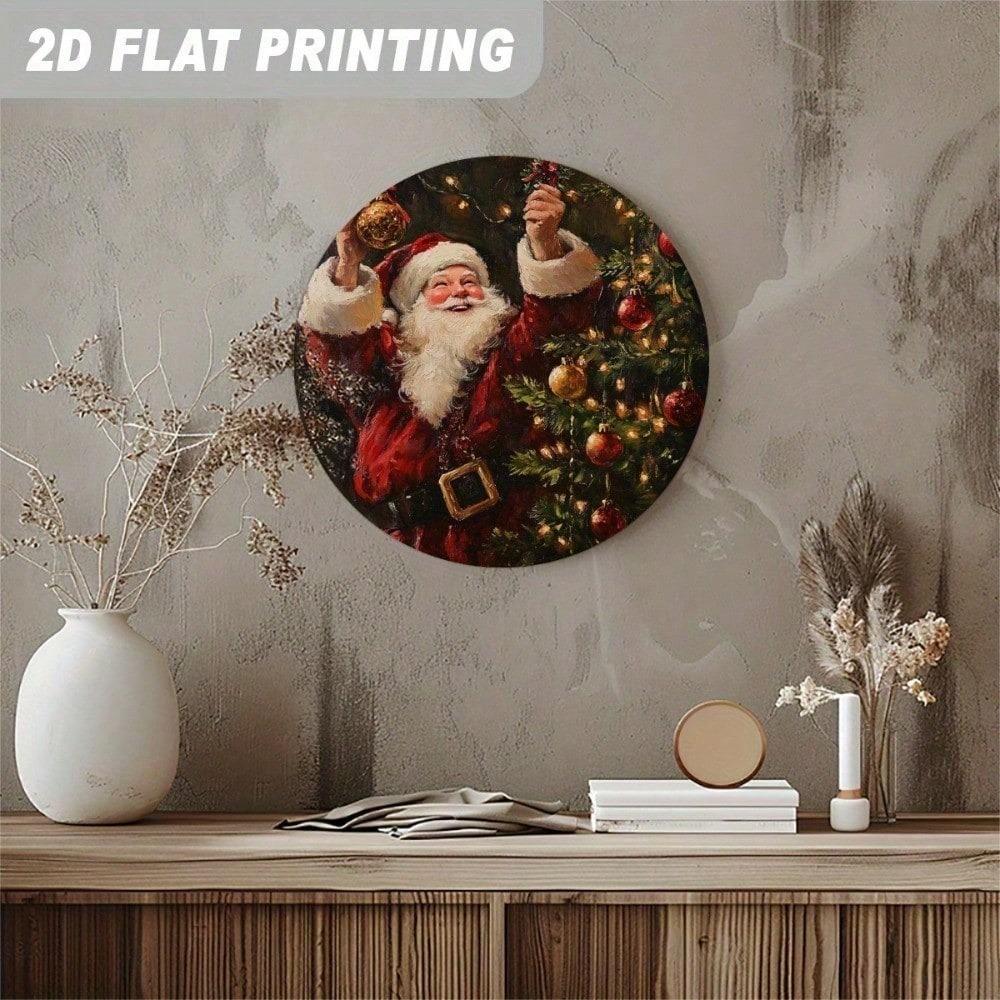 Chicole Vintage Santa Claus Round Metal Wall Art 8x8 Inch Red Gold Christmas Decor Flat Aluminum Holiday Sign