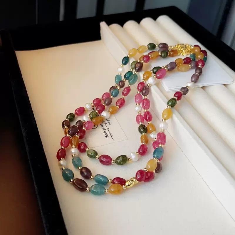 New Arrival Trendy Colorful Tourmaline Stone Natural Freshwater Pearl 14K Gold Filled Ladies Beads Chain Necklace No Fade Gifts