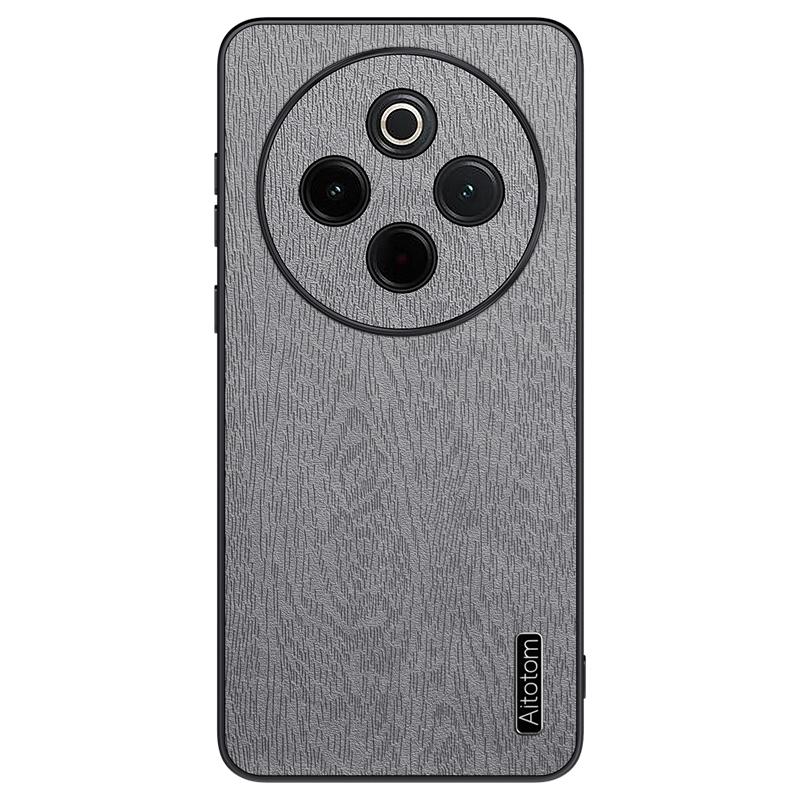 

For vivo Y300 Pro 5G Case Wood Texture PU Leather Coated PC+TPU Phone Cover Grey