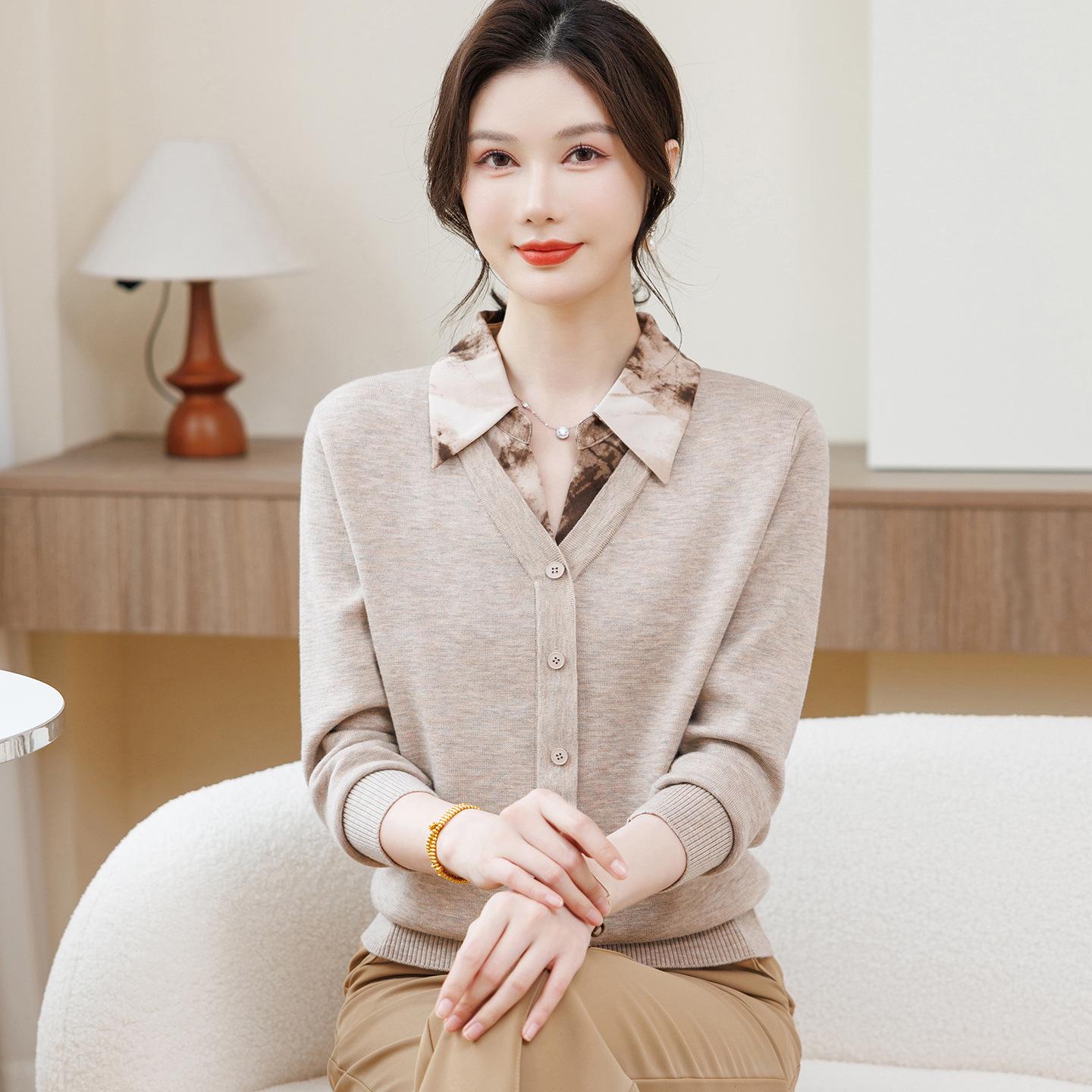 

Women s Chiffon Lapel Knitwear Shirt - Long Sleeve, Middle-Aged & Elderly Spring/Autumn Fashion Base Layer Top 3XL (135-145 lbs)