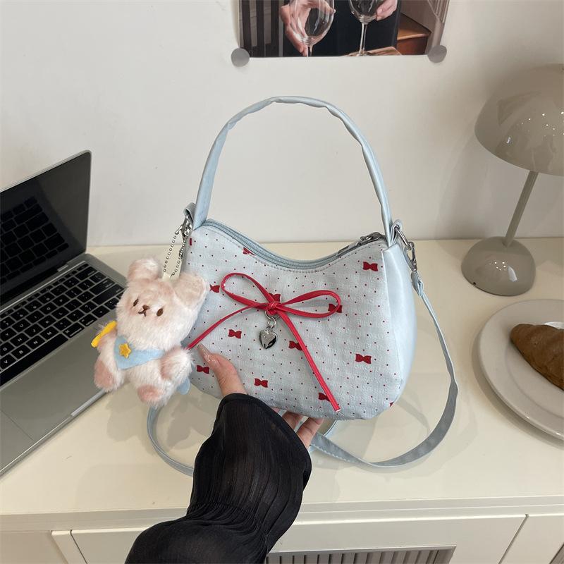 Bowknot Print Shoulder Bag With Plush Pendant For Women Crossbody Handbag Girly Tote Commuter Bag Underarm Bag