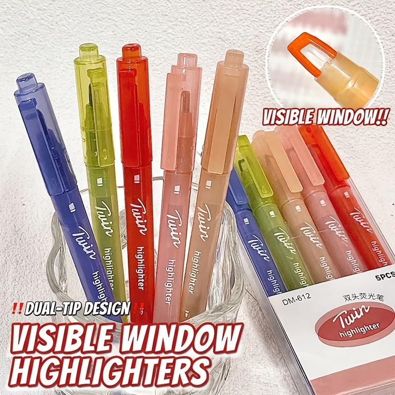 5-Pack Dual-Tip Highlighters with Viewing Window, Suitable for Eye-Friendly Colored Highlighters, Fluorescent Markers, Marking Pens, Highlighting Pens