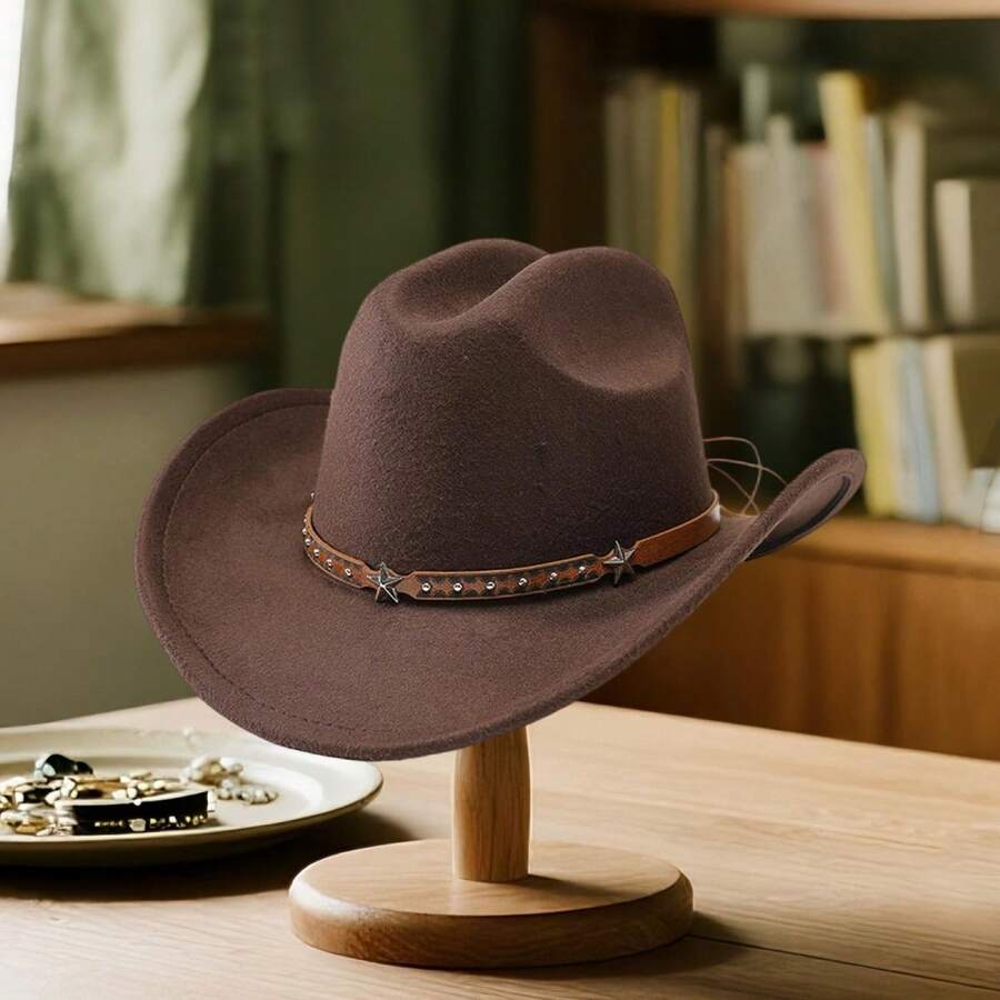 Unisex Western Cowboy Hat With Star Studded Leather Belt Wide Brim Felt Fedora For Men Women
